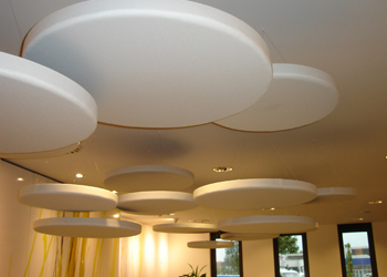 Cloud 9 Emotive sound absorbers, a modern sound absorbing concept used suspended to give a cloud effect