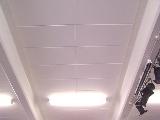 A finished ceiling fitted with Echosorption Plus sound absorbing ceiling tiles to reduce reverberation and echo within a room