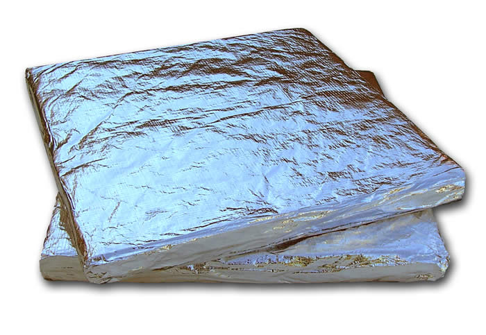 two panels of foil wrapped NoiseStopper acoustic ceiling pads